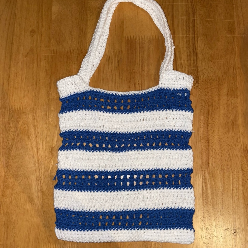 HANDMADE NEW Crochet Blue & White Striped Shoulder Urban Market Tote Bag Handbag